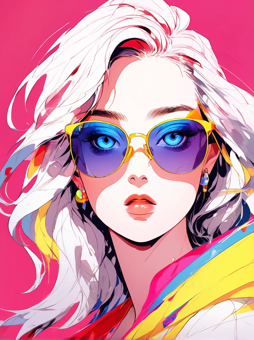 (Highest quality:0.8), (Highest quality:0.8), Perfect illustration,Beautiful woman portrait Anime girl with sunglasses in her hair, Gwaise style artwork, Digital illustration style, Anime-style illustrations, Anime Style 4k, Yellow-eyed, With glowing eyes, Anime Style. 8k, Written by Ku Lei Lei, author:Hero, Persona 5 art style wlop