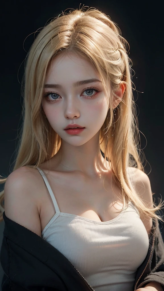 20 year old woman, Blonde, (Hyperfade:1.3), Dark theme, soothing color tones, muted colors, high contrast, (The skin texture is natural., Surreal, soft light, sharp)