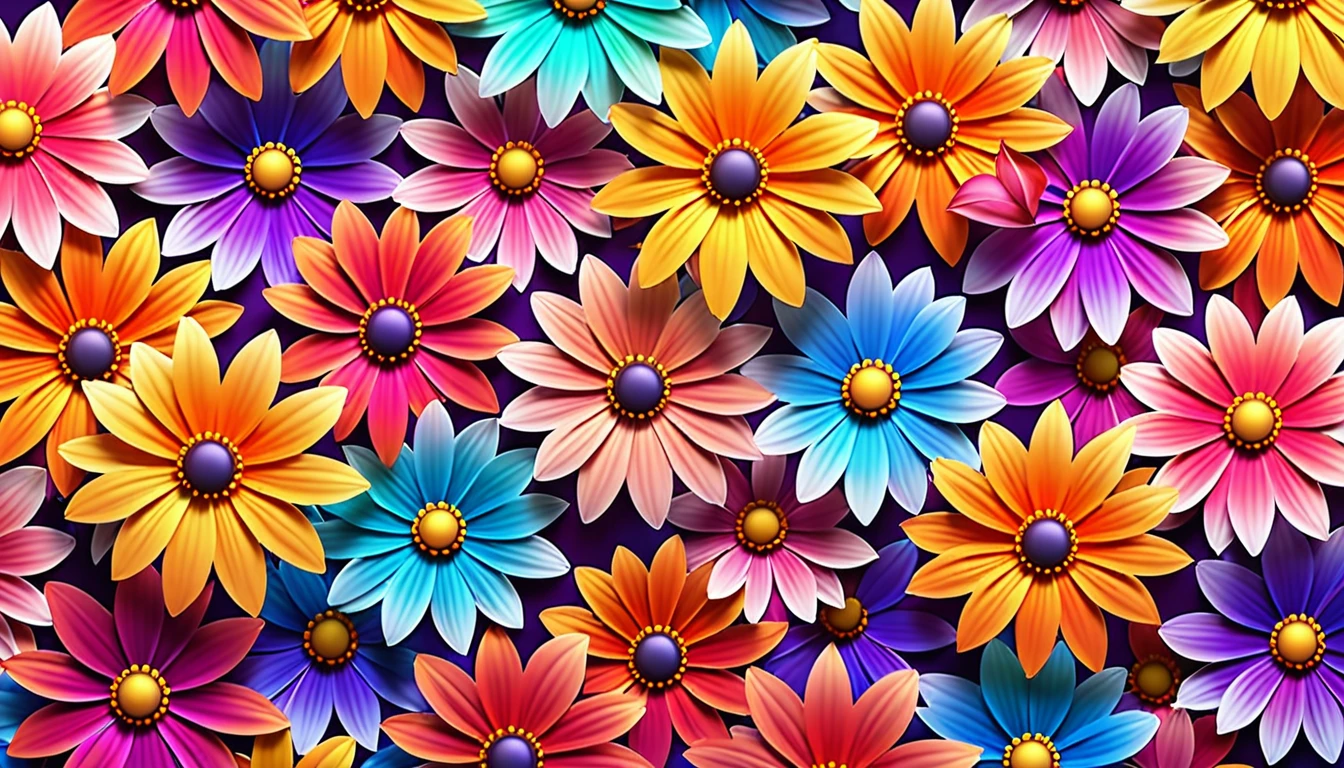 Create a background image with a bright and colorful pattern of blooming flowers, with stunning color gradients and lighting effects that create a carefree atmosphere. 4k, UHD
