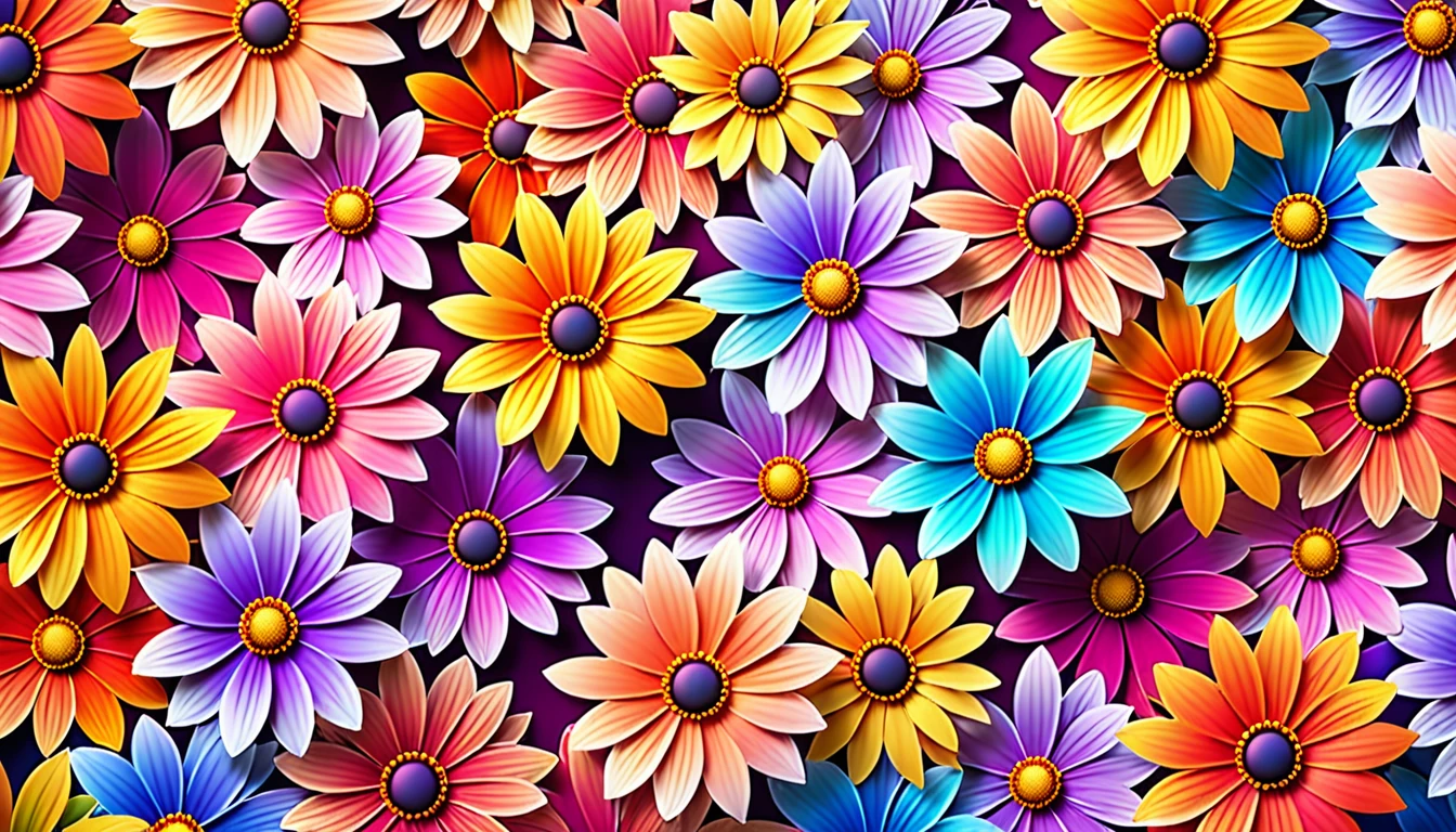 Create a background image with a bright and colorful pattern of blooming flowers, with stunning color gradients and lighting effects that create a carefree atmosphere. 4k, UHD