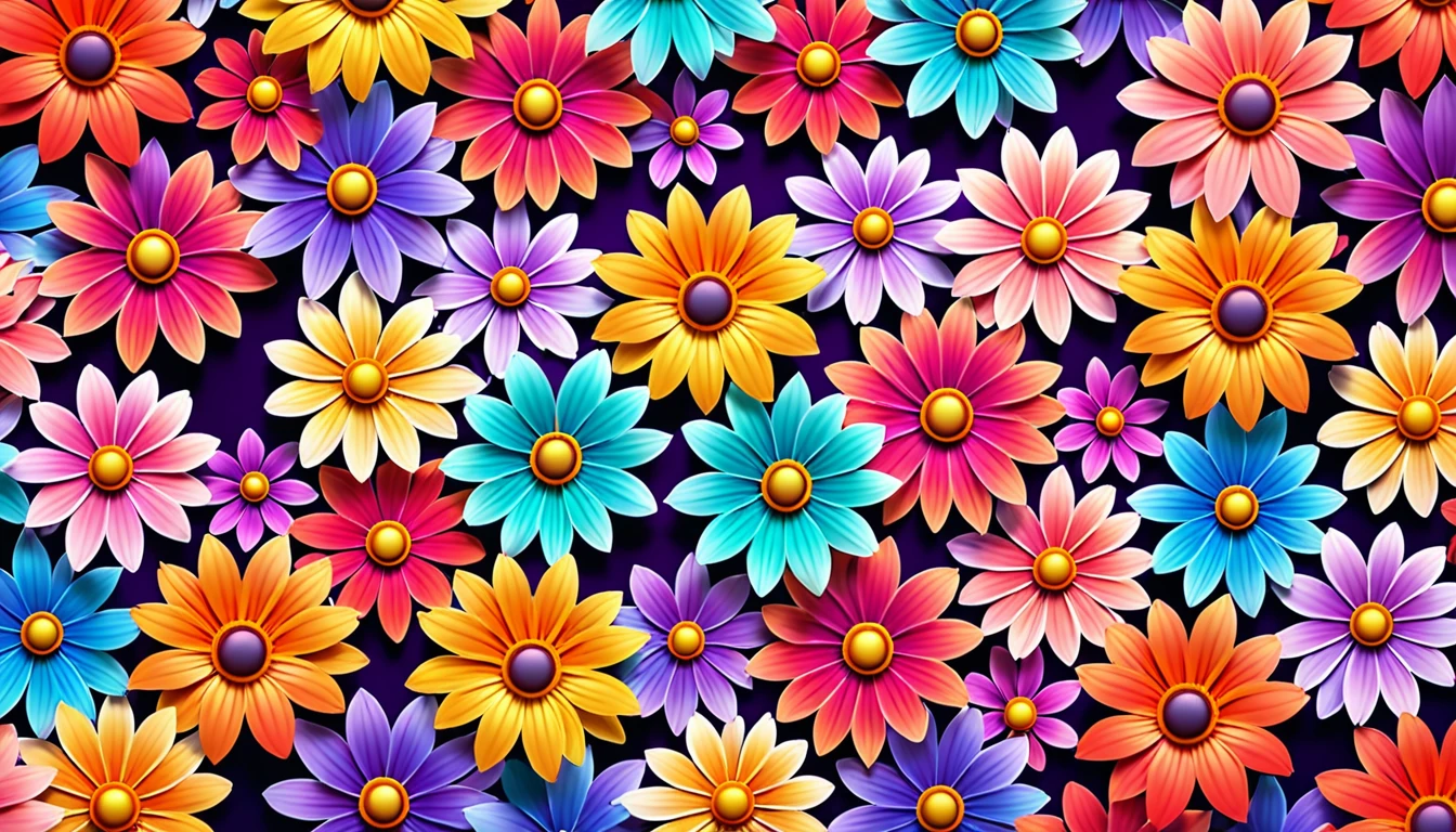 Create a background image with a bright and colorful pattern of blooming flowers, with stunning color gradients and lighting effects that create a carefree atmosphere. 4k, UHD