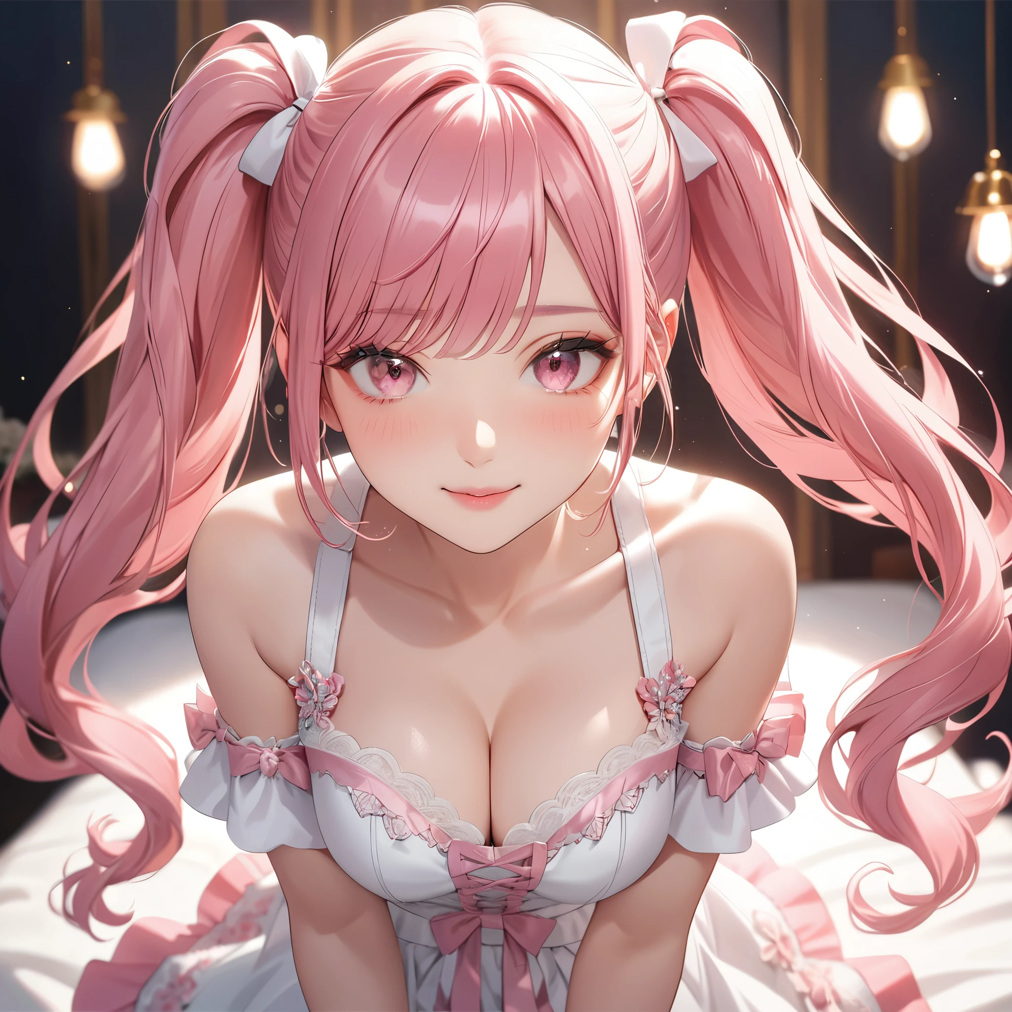 (8K, masutepiece, Best Quality, Official art, beautiful detailed, beautiful lighting, best masterpiece in history that exceeds limits), (1 Girl, Solo), (), (Beautiful detailed face), (shiny white skin), (Beautiful big bustt, cleavage:1.3), (Beautiful detailed pastel pink twin tails hair, Bangs:1.3), (beautiful detailed drooping pink eyes:1.5), break, (Beautiful detailed cute maid Costume, black frills skirt, white frills apron, white intricate lace, black bow ribbon:1.3), (tights, high_gap, Beautiful detailed black garter stockings:1.3), (happy smile:1.5), (happy, Attractive, Elegant, Look at the camera, cute pose), breathtaking scenery, (ultra detailed realistic beautiful Luxurious room:1.2),