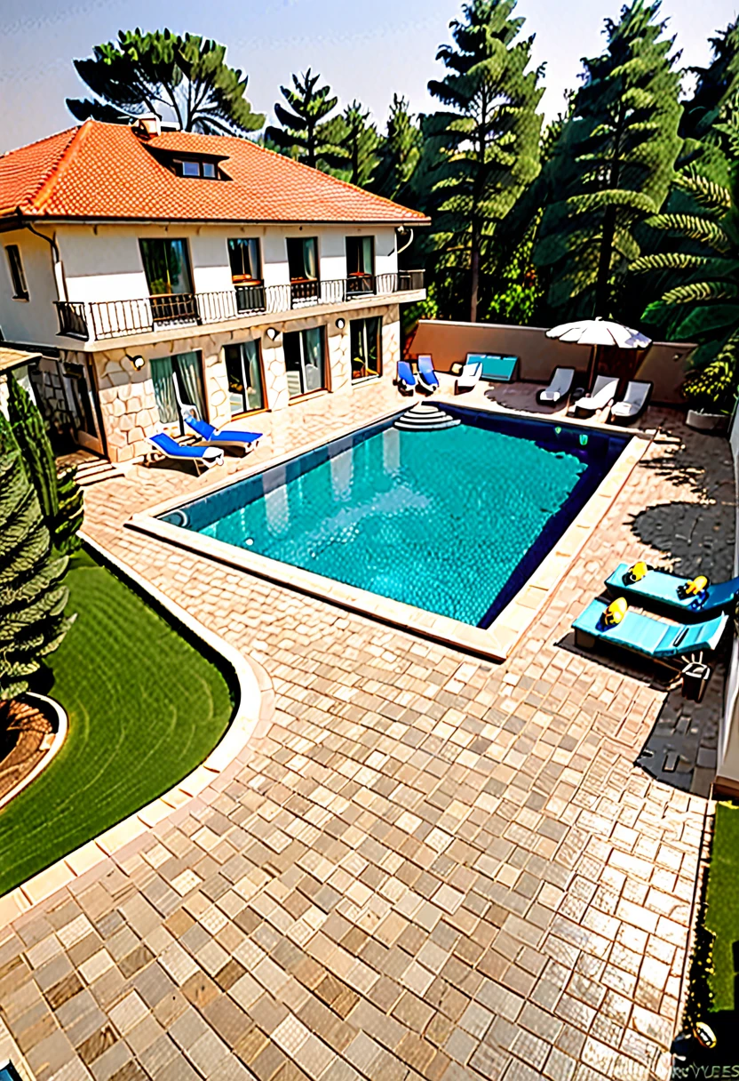 Two-storey villa with a flat roof and a garage for 2 cars, a premium house with panoramic windows, at the back of the house is a large swimming pool, around the pool are paving stones, around the pool are sun beds with umbrellas, near the pool there is lighting, behind the house spruce forest, outside in the evening, there is a lawn,