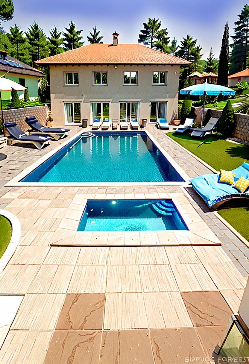 Two-storey villa with a flat roof and a garage for 2 cars, a premium house with panoramic windows, at the back of the house is a large swimming pool, around the pool are paving stones, around the pool are sun beds with umbrellas, near the pool there is lighting, behind the house spruce forest, outside in the evening, there is a lawn,
