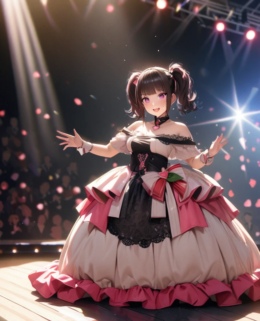 One Girl、Looking at the audience、
Beautiful pink eyes、short twin tail hair , Mole under the eye、Plump and glossy lips、Heart-shaped choca、Idol、Her name is Rico,smile、With a microphone in handー、。.。.。.。.。.。.。.。.。.。.。.。.。.。.。.。.。.。.3D、Realistic、
off shoulder dress, Drape clothes、gem、The decoration has been removed、Floral、Lace trim,On a glittering stage、
masterpiece、highest quality、8k、Detailed skin texture、Detailed cloth texture、Beautifully detailed face、Intricate details、Very detailed、
超A high resolution、8k Ultra HD、Film Grain、Best Shadow、delicate、Gazing at the audience、front