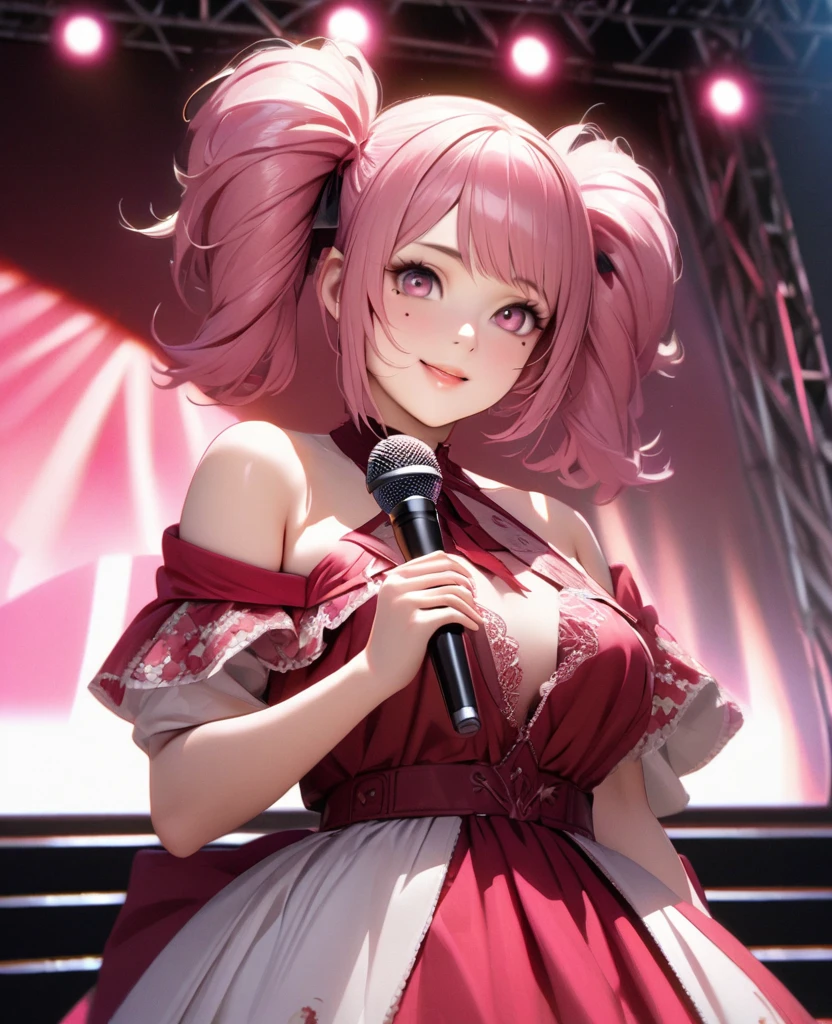 One Girl、Looking at the audience、
Beautiful pink eyes、short twin tail  hair , Mole under the eye、Plump and glossy lips、Heart-shaped choca、Idol、Her name is Rico,smile、With a microphone in handー、。.。.。.。.。.。.。.。.。.。.。.。.。.。.。.。.。.。.3D、Realistic、
off shoulder dress, Drape clothes、gem、The decoration has been removed、Floral、Lace trim,On a glittering stage、
masterpiece、highest quality、8k、Detailed skin texture、Detailed cloth texture、Beautifully detailed face、Intricate details、Very detailed、
超A high resolution、8k Ultra HD、Film Grain、Best Shadow、delicate、Gazing at the audience、front