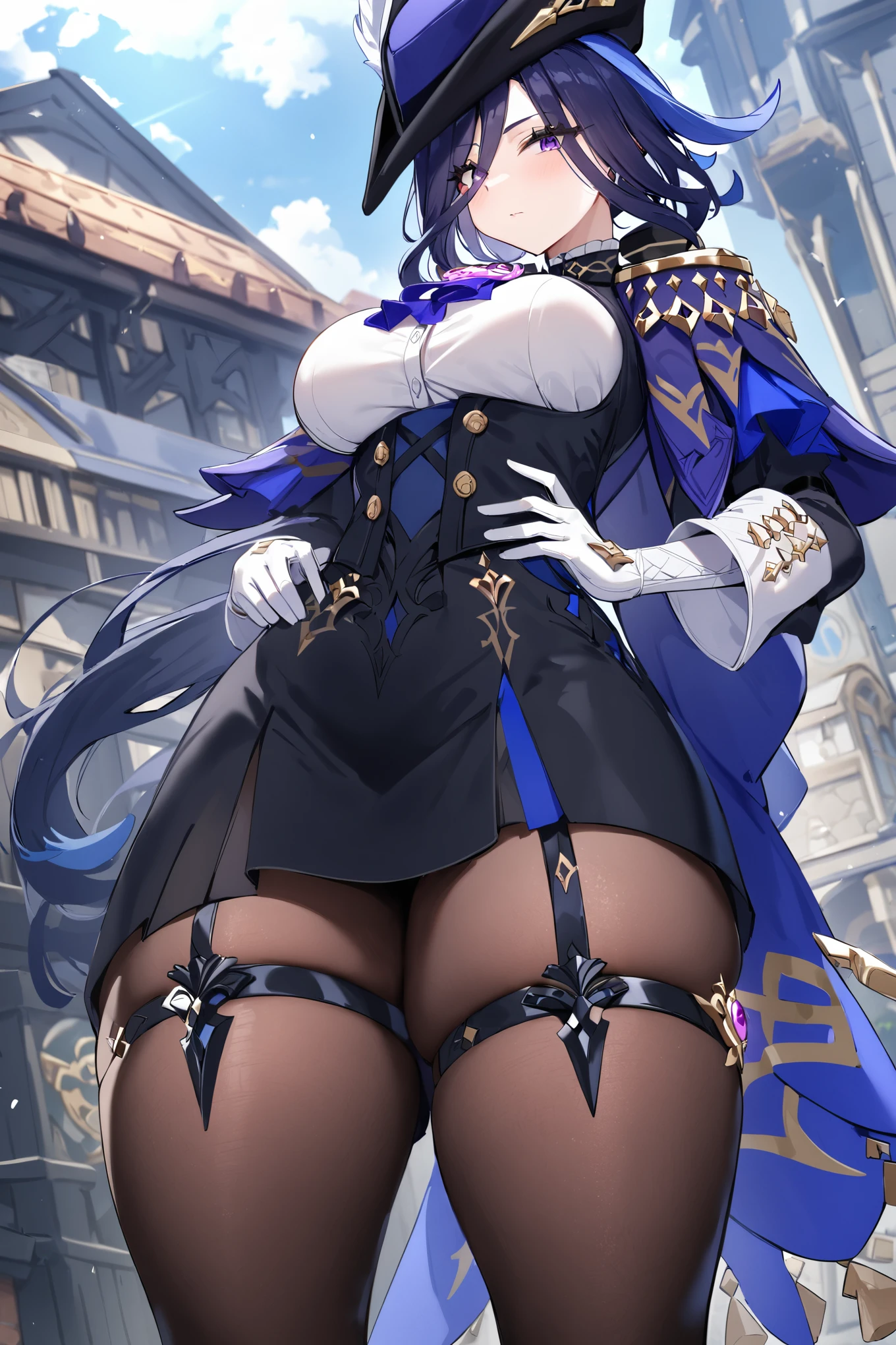 masterpiece,best quality,very aesthetic,absurdres,
clorinde \(genshin impact\),1girl,solo,purple eyes,hat feather,tricorne,white gloves,low ponytail,blue cape,blue hair,epaulettes,black pantyhose,ascot,breasts,black skirt,corset,blue headwear,boots,leg garter,high heels,black corset,shirt,
outdoors,standing,vision \(genshin impact\),