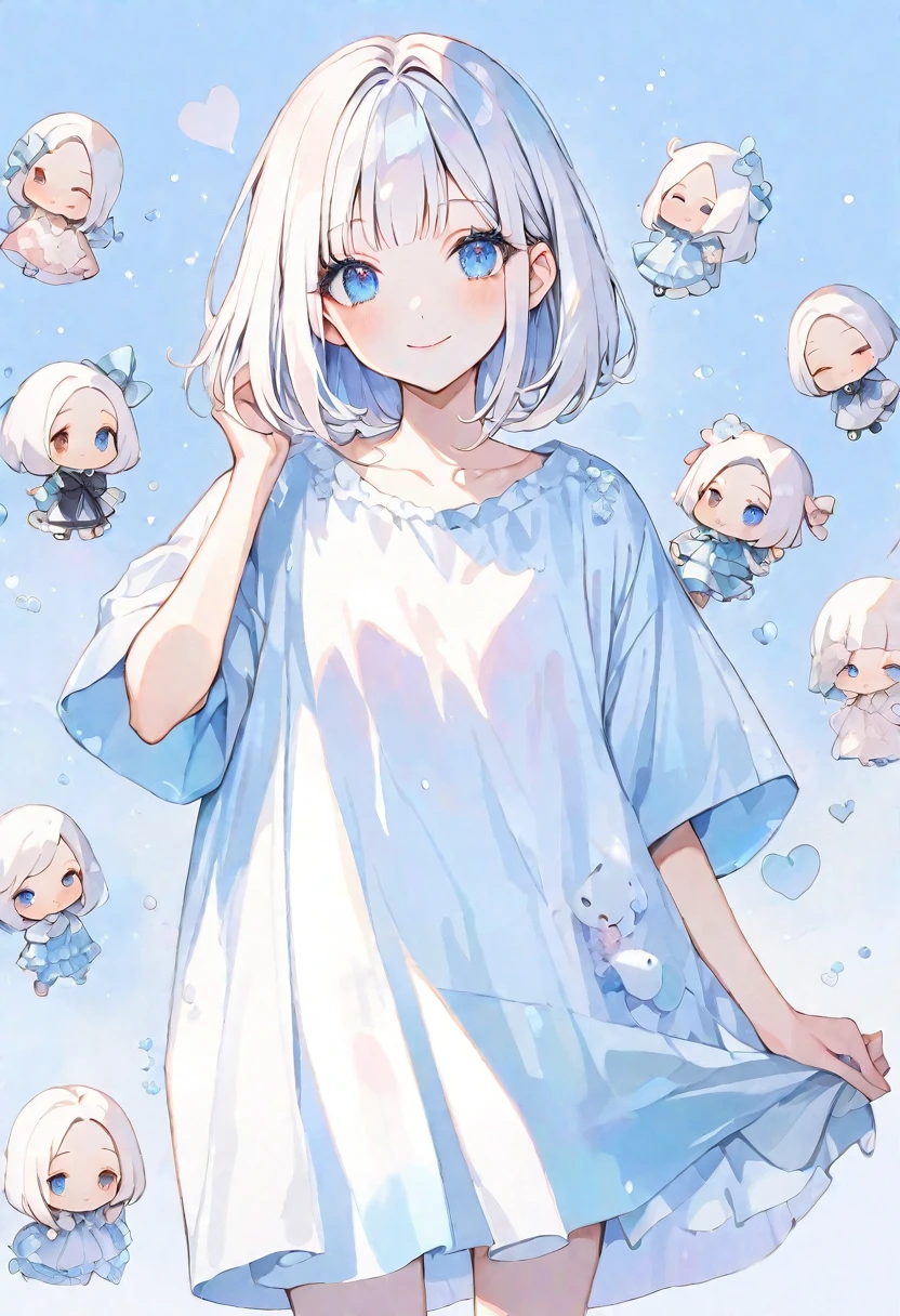 solo, handsome, Mini character,1/2,
Watercolor 1. Female,
Straight Bob Hair, Light,White colored hair,
Blue eyes,Softlook,ta,Drooping eyes,
Street Style,Oversized shirt,Casual Dresses,skin,Sexy,smile,gem,
blue background ,