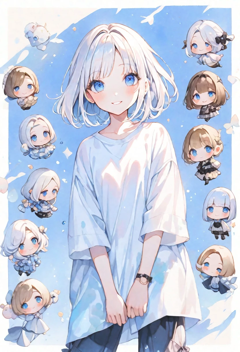 solo, handsome, Mini character,1/2,
Watercolor 1. Female,
Straight Bob Hair, Light,White colored hair,
Blue eyes,Softlook,Lolita,Drooping eyes,
Street Style,Oversized shirt,Casual Dresses,skin,Sexy,smile,gem,
blue background ,