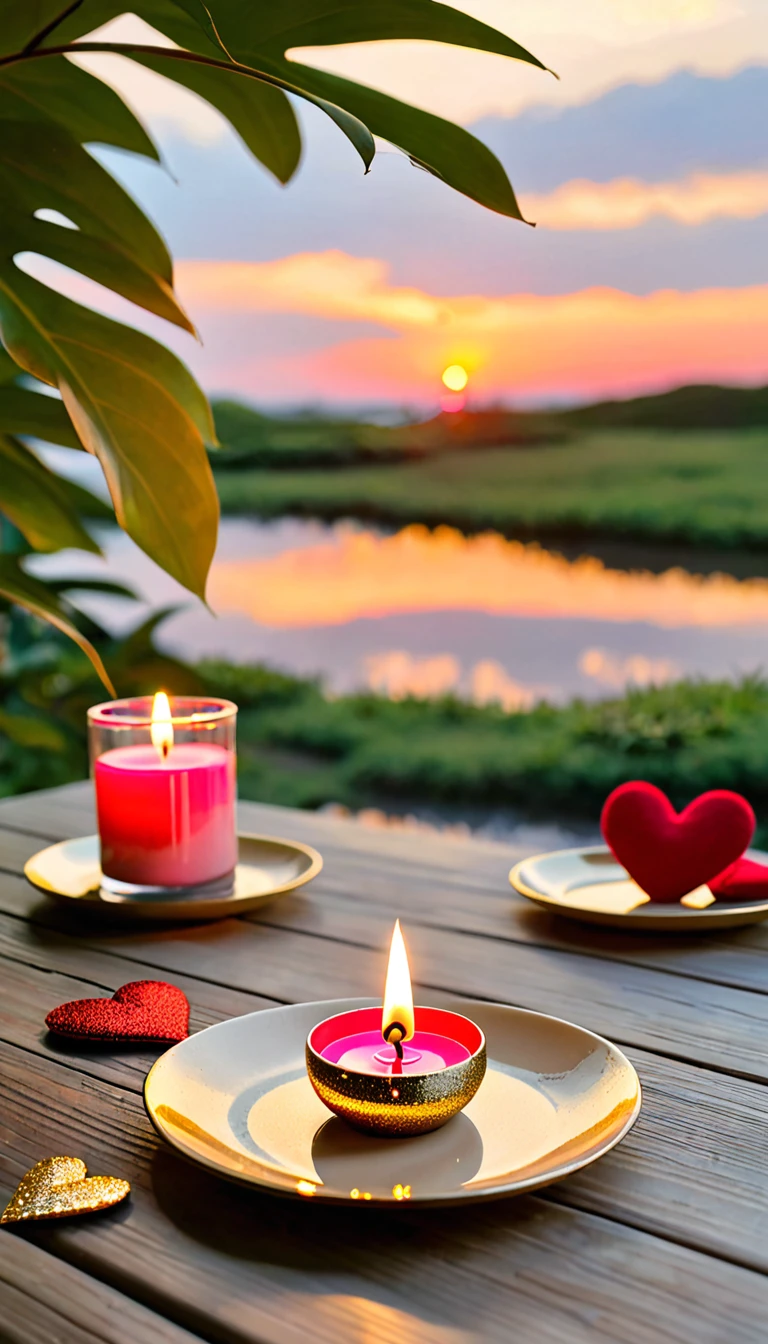 This image is、It depicts a tranquil outdoor scene at dusk.。. On a wooden table, A small pink candle is placed on the saucer.、There is a leaf decoration next to it.。. There are two heart-shaped objects placed behind the candle.: One is a red heart with a long ribbon、The other is a large heart made of beige fabric.. The sun is setting in the background, warm, Golden glitter on the scene, Creates a romantic and peaceful atmosphere.
