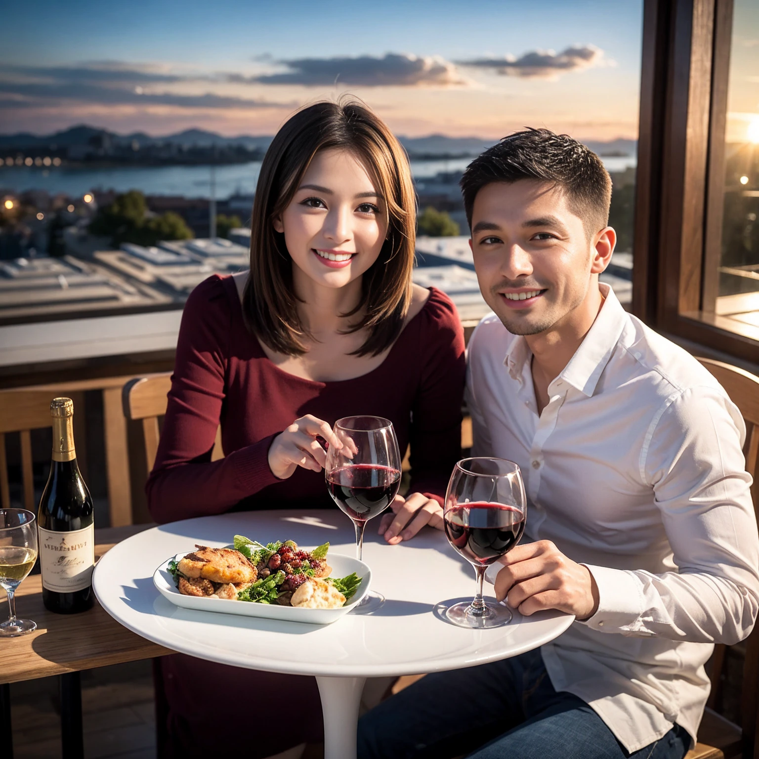 ((Highest quality、8k、masterpiece:1.3))、 (Genuineistic, Genuine、Bright image、Intricate details:1.2), Best smile 1 man 1 woman、Beautiful Couple、spouse、Couple、spouse、Beautiful Couple、Smile、full-course dinner、 (Slim face), (The body is slim), (Brown Hair), (short hair), テーブルの上のwine glass、Please shine a light on my face、 Amazing view of the sunset sky and clouds、 (Age 36), 41 years old, red wine 、Appetizers、Wine bottle、sparkling wine、Long sleeve shirt、dress、White wine, red wine, wine glass,