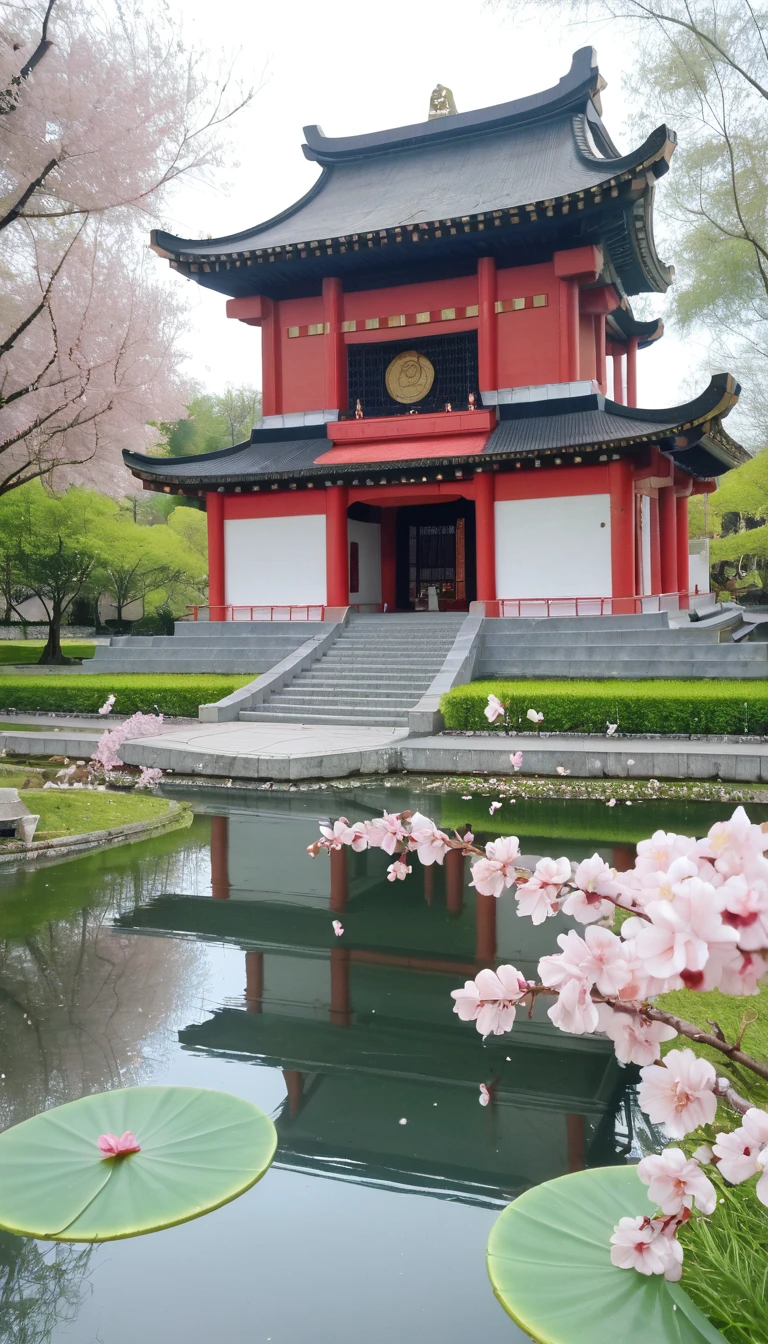 absurd, high resolution, Extremely detailed, beautiful, masterpiece, best quality,Ancient temple, Lush garden, Vibrant colors, Quiet Pond, traditional building, Cherry blossoms