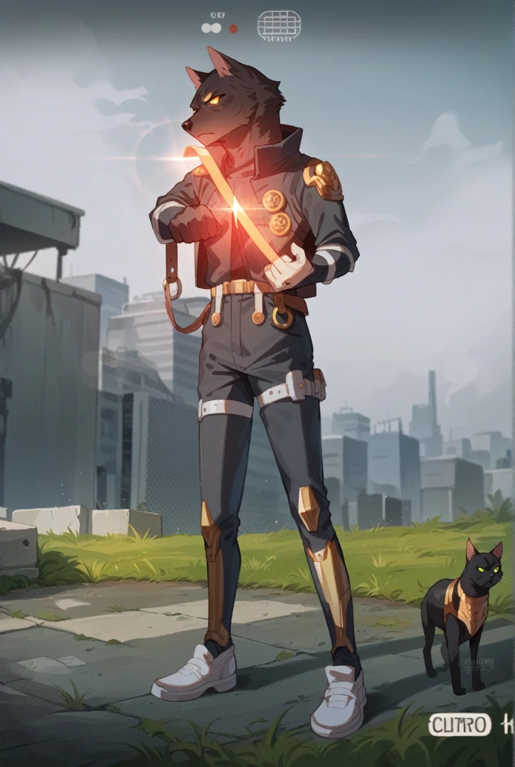 a close up of a person with a dog on a leash, gilded black uniform, chrome outfit, glowing lens flare wraith girl, wearing golden cat armor, 8k)), full body picture, badass pose, very very low quality picture, gilded outfit, full body shot hyperdetailed, before the final culling, in pubg, clear outfit design, cyberpunk flame suit