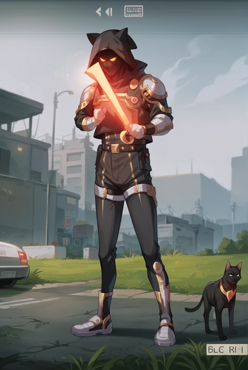 a close up of a person with a dog on a leash, gilded black uniform, chrome outfit, glowing lens flare wraith girl, wearing golden cat armor, 8k)), full body picture, badass pose, very very low quality picture, gilded outfit, full body shot hyperdetailed, before the final culling, in pubg, clear outfit design, cyberpunk flame suit