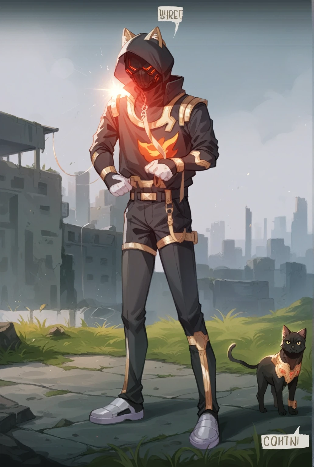 a close up of a person with a dog on a leash, gilded black uniform, chrome outfit, glowing lens flare wraith girl, wearing golden cat armor, 8k)), full body picture, badass pose, very very low quality picture, gilded outfit, full body shot hyperdetailed, before the final culling, in pubg, clear outfit design, cyberpunk flame suit