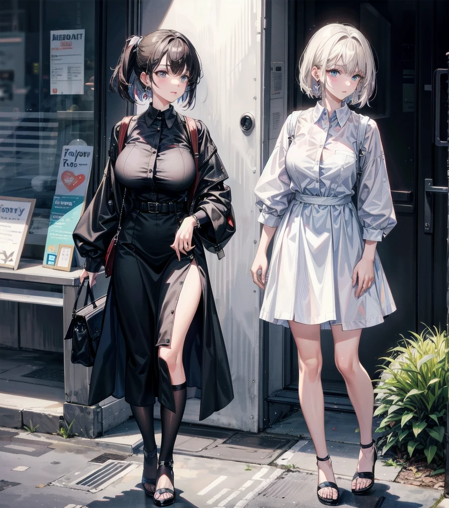 medium hair, big tits, tearful mole, earring, full body, collared shirt dress,