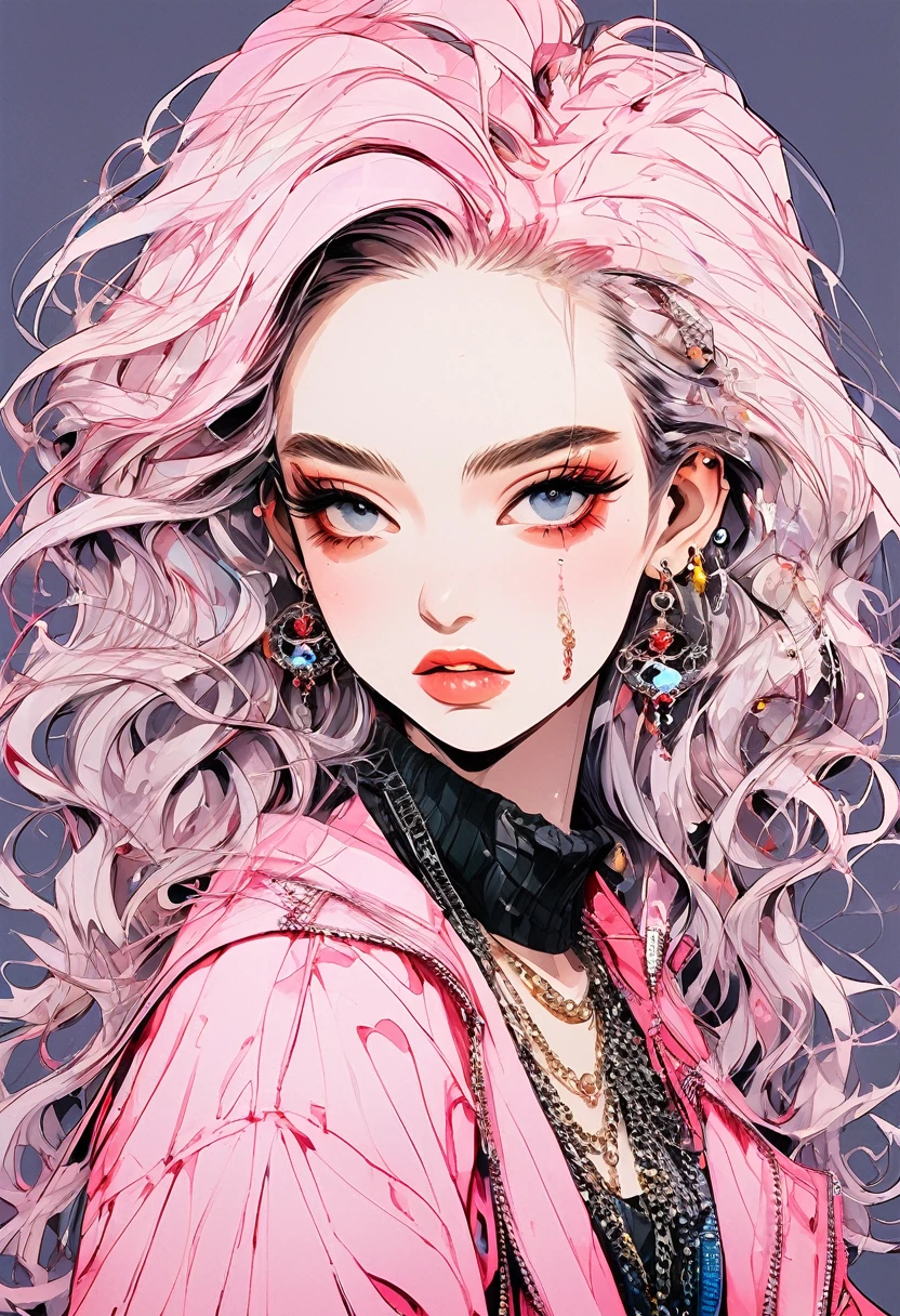 (Highest quality:0.8), (Highest quality:0.8), Perfect illustration,Beautiful woman portrait、One girl, bangs, Black nails, Blonde, Mouth closed, clavicle, ear Earrings, Earrings, Fashion G, hair ornaments, Food, Foodie, Jacket, jewelry, looking at iniewer, Medium Hair, Manicure, necklace, Earrings, short hair, skull, skull hair ornaments, sleeines past wrists, 一人in, Both sides up, Upper Body, in, White Background