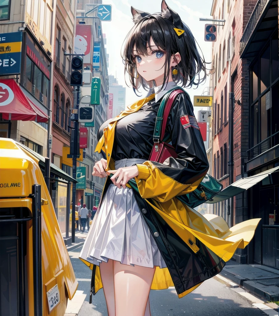 medium hair, big tits, tearful mole, earring, full body, collared shirt dress,