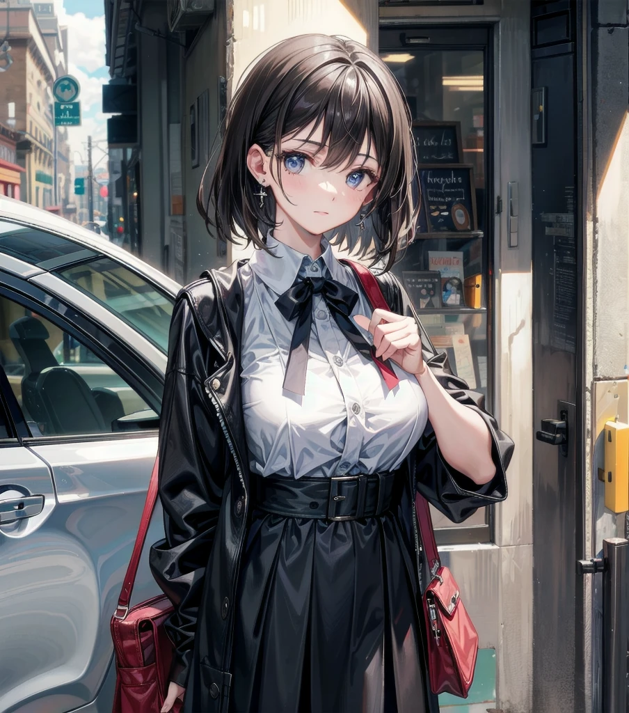medium hair, big tits, tearful mole, earring, full body, collared shirt dress,