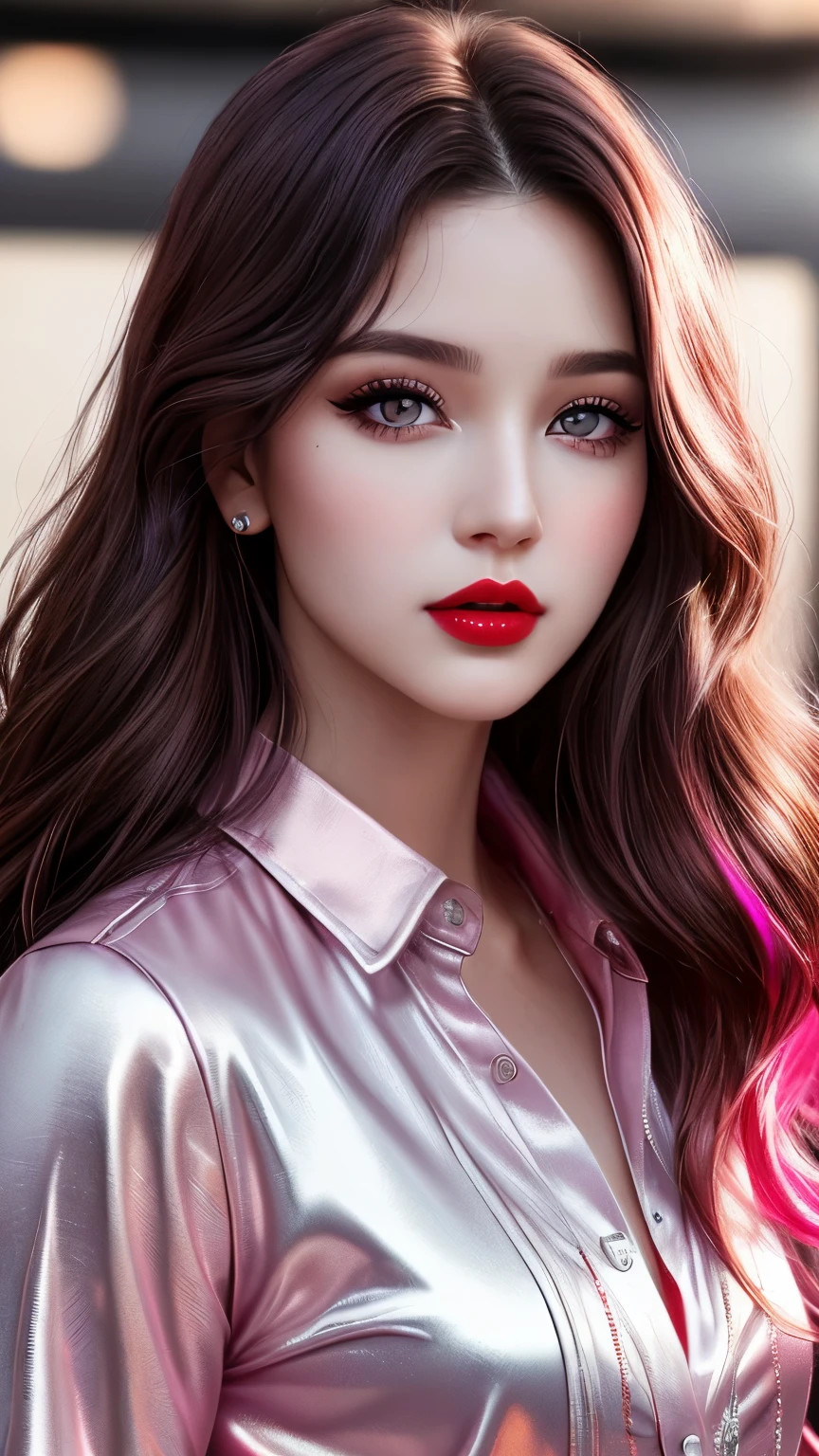 Ultra-realistic movie master pie with ultra-detailed primetime portraits, high quality, 8K, table top, Ultra HD), 1 girl 25 years old、fashion supermodel, ((Random style and color hair)), masterpiece, high quality, high quality, High resolution、(close up of face), black_mascara put in Long eyelashes:1.5, dark (eyesshadows:1.25), (Glossy) red_lips:1.44, ((brown_eyes)), iridescent eyes, vibrant eyes:1.2, high contrast, pink shot:1.175