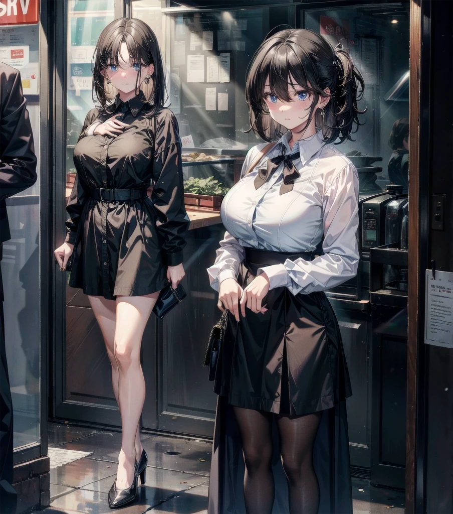 medium hair, big tits, tearful mole, earring, full body, collared shirt dress,