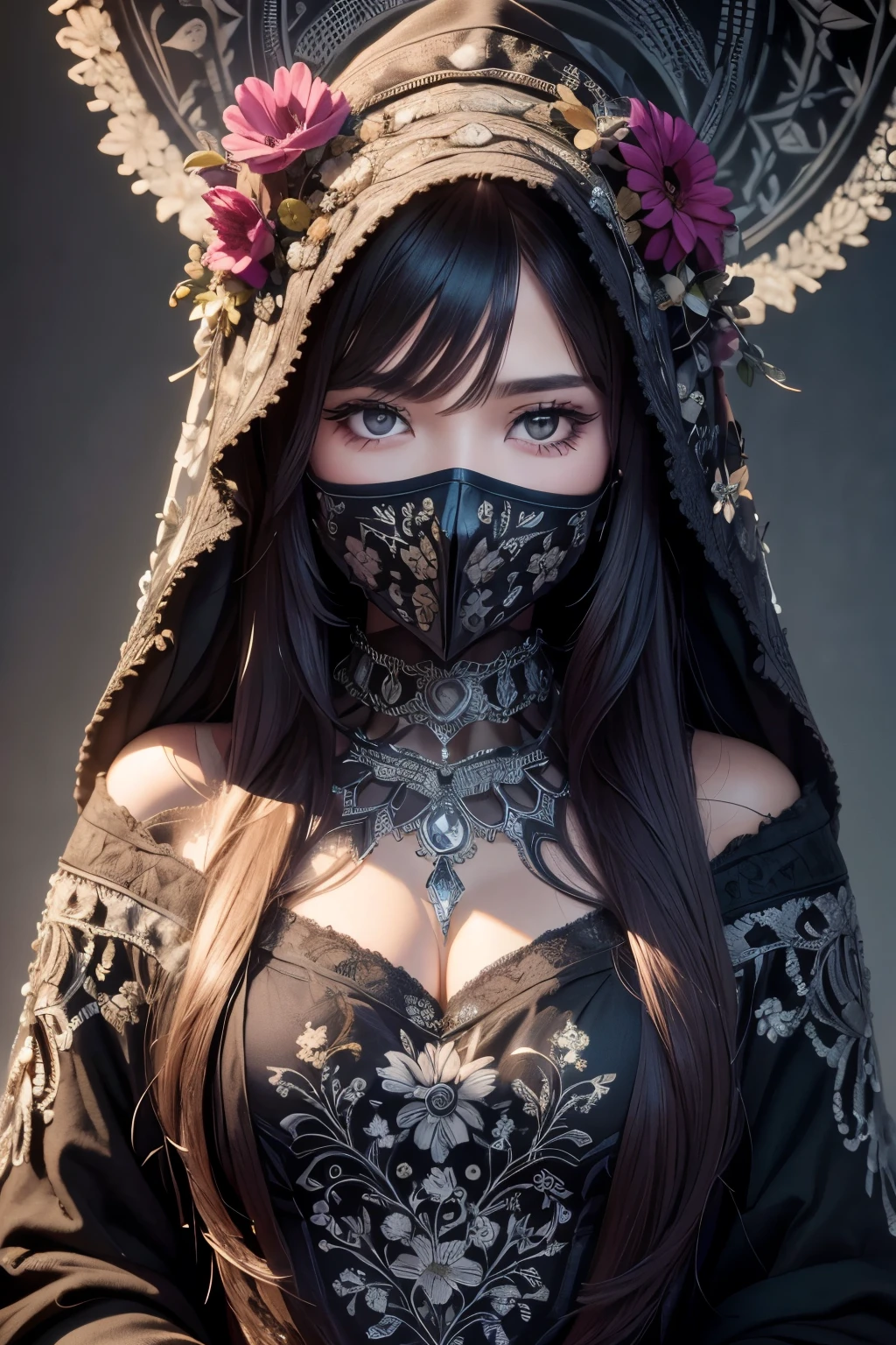 a close up detailed photo of a woman's face wearing an intricate silver metal mask decorated with flowers, stars, skulls, and music notes, beautiful detailed eyes, extremely detailed face and skin, photorealistic, cinematic lighting, dramatic shadows, moody, dark and gritty, deep saturated colors, chiaroscuro