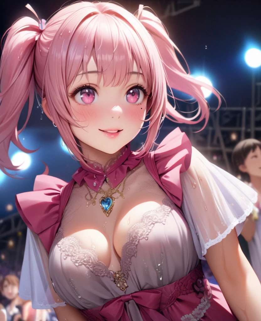 One Girl、Looking at the audience、lovely,
Beautiful pink eyes、short twin tail hair , Mole under the eye、Plump and glossy lips、Heart-shaped choca、Idol、Her name is Rico,smile、ー、。.。.。.。.。.。.。.。.。.。.。.。.。.。.。.。.。.。.3D、Realistic、
The idol's costume was soaked in the heavy rain, and her  was wet and transparent.Heavy rain at outdoor concert, Drape clothes、gem、The decoration has been removed、Floral、Lace trim,On a glittering stage、
masterpiece、highest quality、8k、Detailed skin texture、Detailed cloth texture、Beautifully detailed face、Intricate details、Very detailed、
超A high resolution、8k Ultra HD、Film Grain、Best Shadow、delicate、Gazing at the audience、front