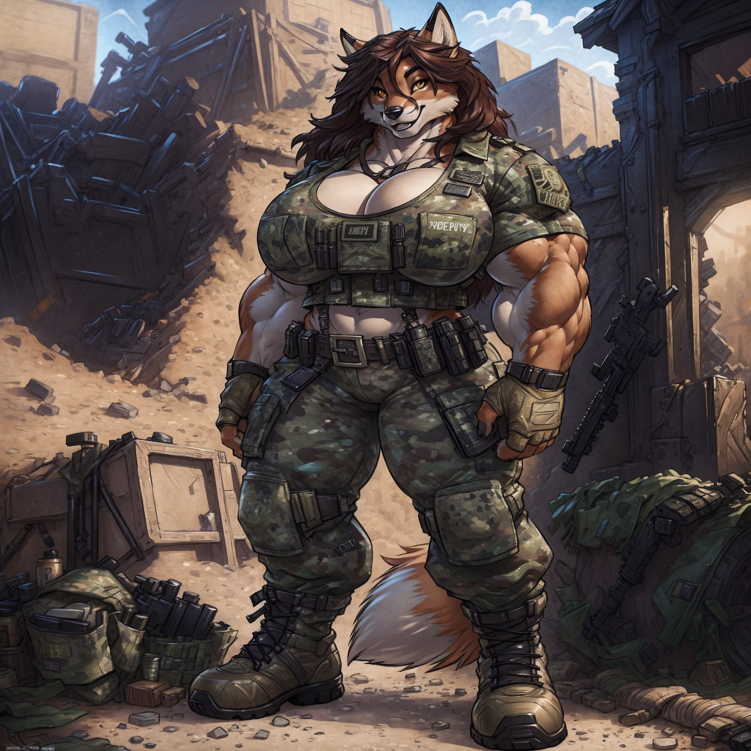 solo, 1girl, fox, female, broad shoulders, buff, muscular, huge breasts, gold eyes, highly detailed eyes, Amazon, wearing camouflage_uniform, (urban uniform:1.2), military camp, rolled sleeves, shirt, trousers, cleavage, standing upright, combat boots, full body, smiling, friendly, looking at viewer, realistic lighting, by darkgem, by wfa, by gideon,