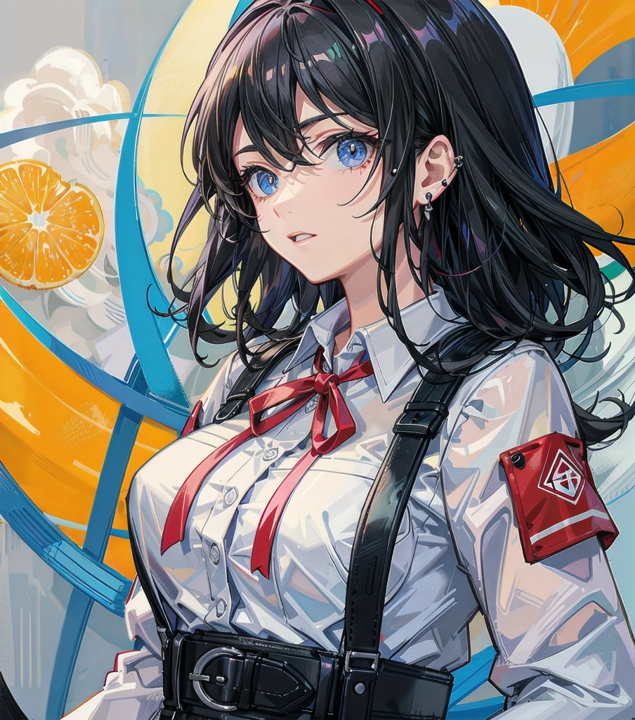 medium hair, big tits, tearful mole, earring, full body, collared shirt dress,
