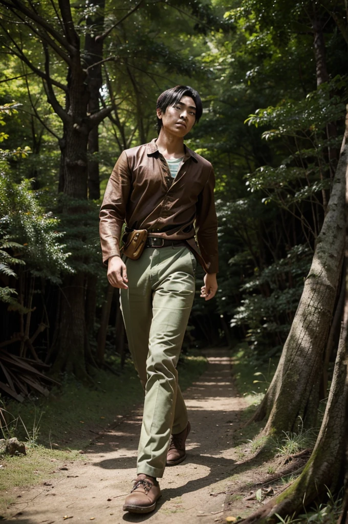 Old Japanese cartoon, a young man is hunting in a dense forest