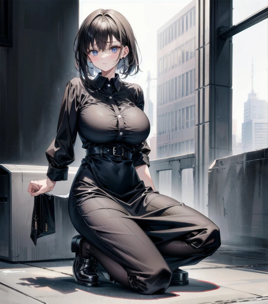 medium hair, big tits, tearful mole, earring, full body, collared shirt dress,