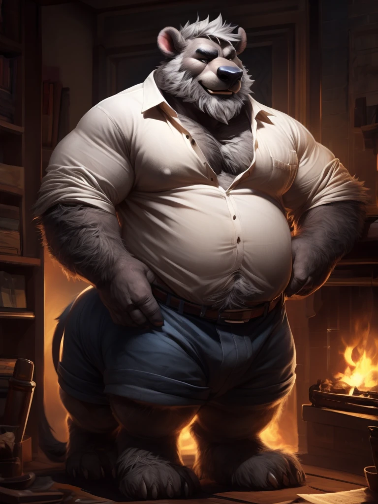 Chubby, fat, male  middle aged, furry, fur taur, anthro beartaur, thin beard, flirting  , big chest, dynamic light, opened Shirt, thick shirt ,Gray hair and beard, extremely hot and sexy, Daddy figure, hot daddy, boss, by darkgem, by zixiong, by glitter trap boy