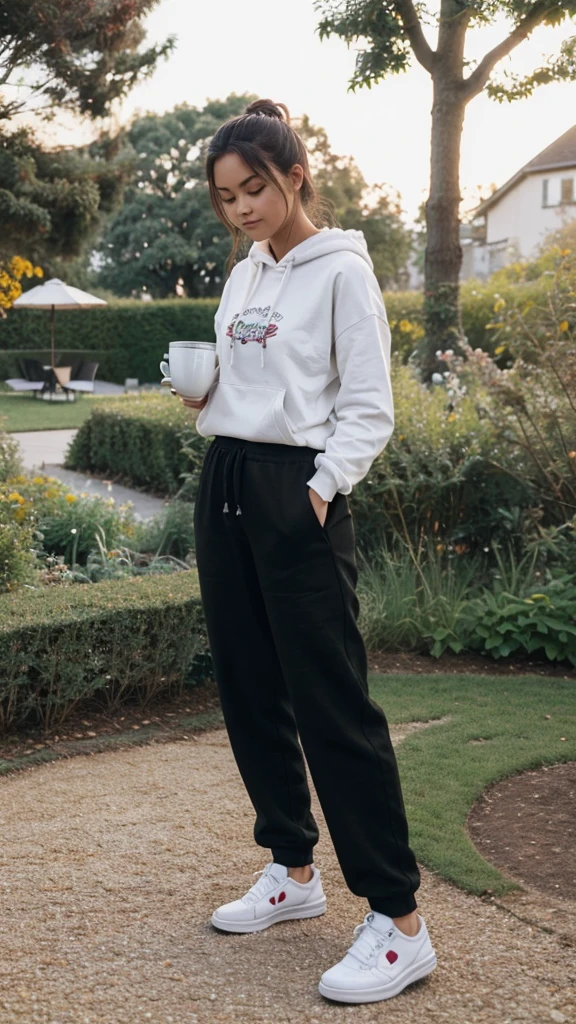 Pictures of a cute girl’s hand holding a cup of coffee in a garden. The girl is wearing wide pants, white sneakers, and a long black hoodie. Filmed towards the back camera, not the front. Simple and quick random daily photography during the day.