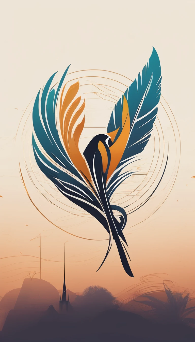 Create a cinematic, abstract symbol for a film production company based on stories and music. The logo should represent the companionship between a boy musician, A Storyteller Fantasy Bird and a Dreamy Feather. Minimalist symbol design