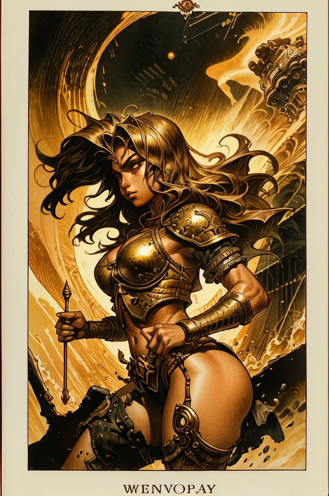 (melhor qualidade, Obra de arte), (tarot, tarot card,:1.1), Post-apocalyptic warrior woman, in the artistic style of Simon Bisley , Capa de metal pesado, Minimal clothing, seminu, fundo preto, Dourado, glorioso, epic background, Vibe Epic, no estilo de Druuna
