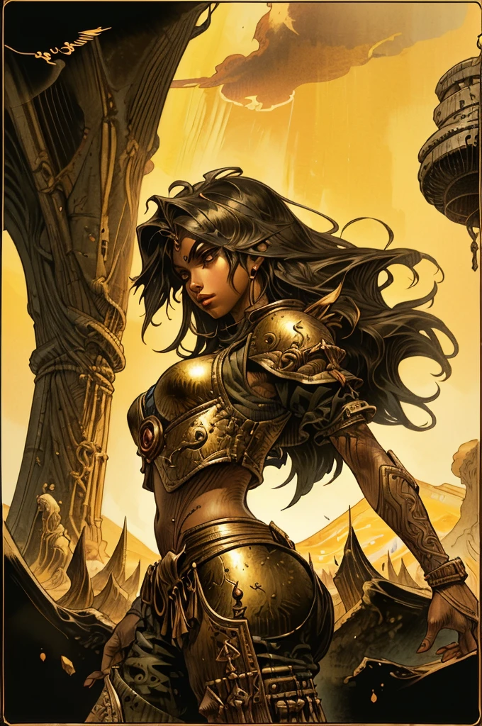 (melhor qualidade, Obra de arte), (tarot, tarot card,:1.1), Post-apocalyptic warrior woman, in the artistic style of Simon Bisley , Capa de metal pesado, Minimal clothing, seminu, fundo preto, Dourado, glorioso, epic background, Vibe Epic, no estilo de Druuna