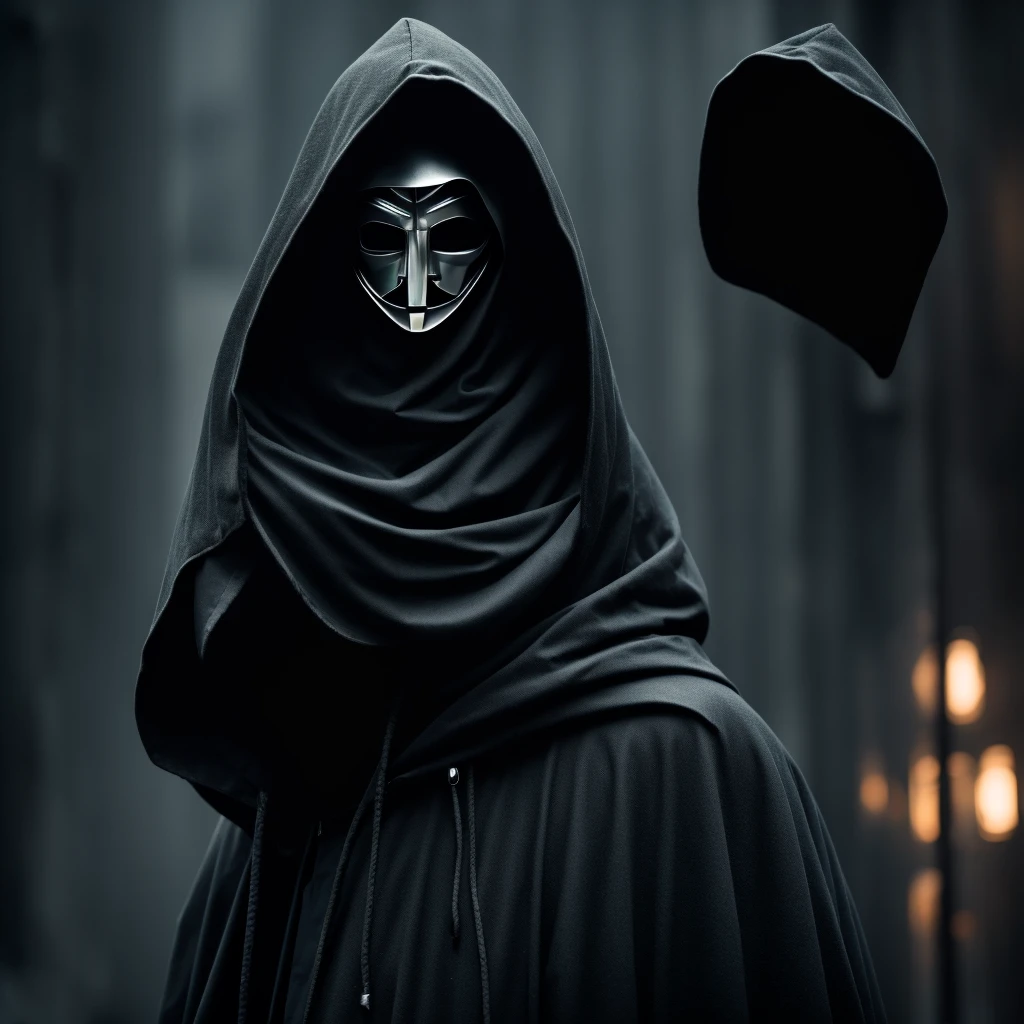 8K, best quality, dark and moody atmosphere, mysterious hooded figure facing the viewer, wearing the iconic Anonymous mask, dramatic frontal lighting, high contrast, gritty and textured digital art style, cinematic composition, masterpiece