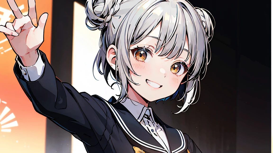 (((No background))),masterpiece, high quality, High resolution,Koharu Rikka,Bobcut,Hair Bun,Brown eyes,Very detailed, 8k, 1 Girl,Big smile,Grinning eyes,whole body,Dynamic pose,platinum gray hair, Gradient Hair, Looking at the audience, Beautiful anime school girl,(close:1.2),From behind