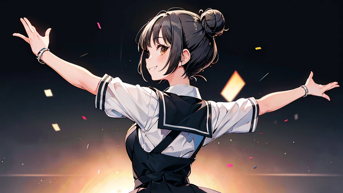 (((No background))),masterpiece, high quality, High resolution,Koharu Rikka,Bobcut,Hair Bun,Brown eyes,Very detailed, 8k, 1 Girl,Big smile,Grinning eyes,whole body,Dynamic pose,platinum gray hair, Gradient Hair, Looking at the audience, Beautiful anime school girl,(close:1.2),From behind