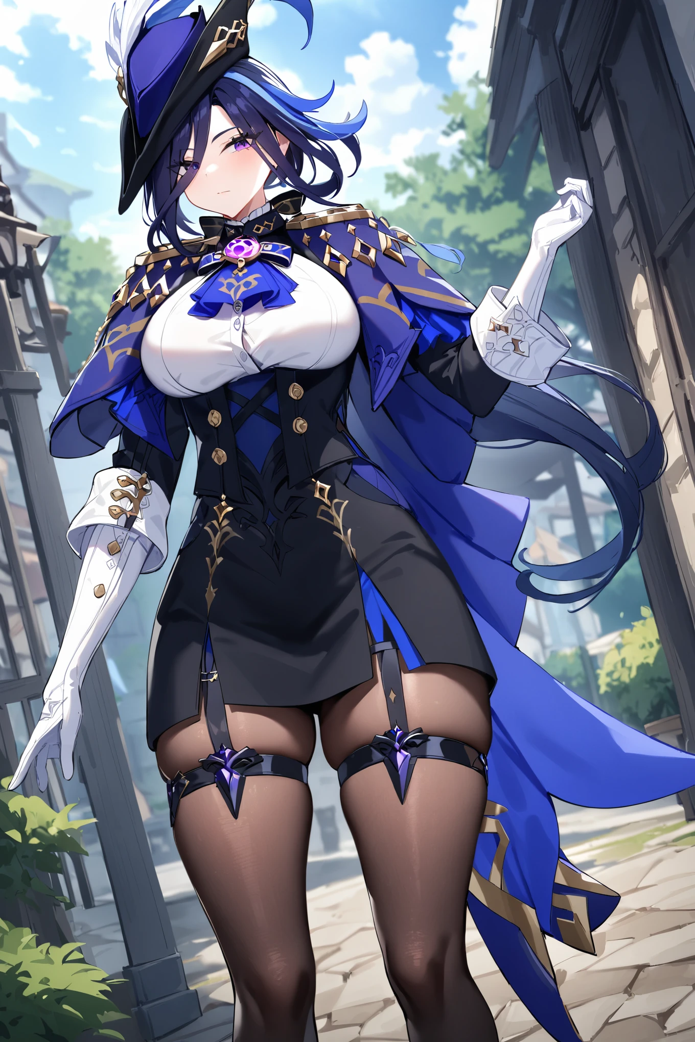 masterpiece,best quality,very aesthetic,absurdres,
clorinde \(genshin impact\),1girl,solo,purple eyes,hat feather,tricorne,white gloves,low ponytail,blue cape,blue hair,epaulettes,black pantyhose,ascot,breasts,black skirt,corset,blue headwear,boots,leg garter,high heels,black corset,shirt,
outdoors,standing,vision \(genshin impact\),