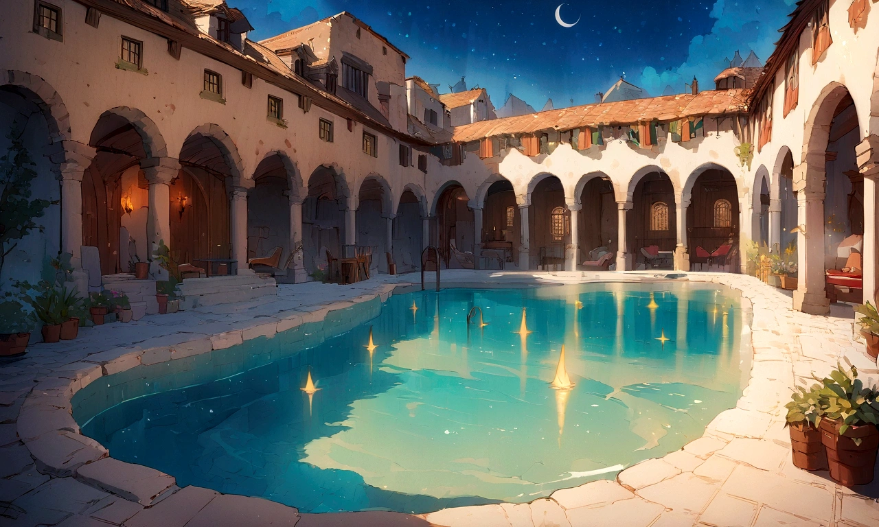 ((((masterpiece, Highest quality, High resolution)))), High detail, manga,anime,Illustration Style,Great use of color,Ghibli Studio Colors, The fantasy world of medieval Europe, Holiday home with pool, courtyard, Sophisticated interior, Starry Sky, Beautiful central covered hot spring pool、Sparkling water gushes forth in the moonlight., Large space,No humans, RPG-like scenery, 空は満天のStarry Skyで、Blue and beautiful, And the crescent moon shines brightly, Creates a magical and comfortable atmosphere, The night is quiet and magical.