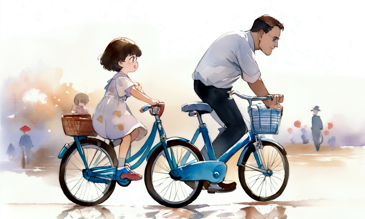 (Highest quality、masterpiece)、(5 year old girl riding a bicycle)、(Assisting Dad:1.2)、(Children's bicycles、whole)、(From the side)、(Cute face)、short hair、White clothes、shoes、(No background)、White Background、Blur the background、(Watercolor of singer Sargent)、Impressionist style painting、