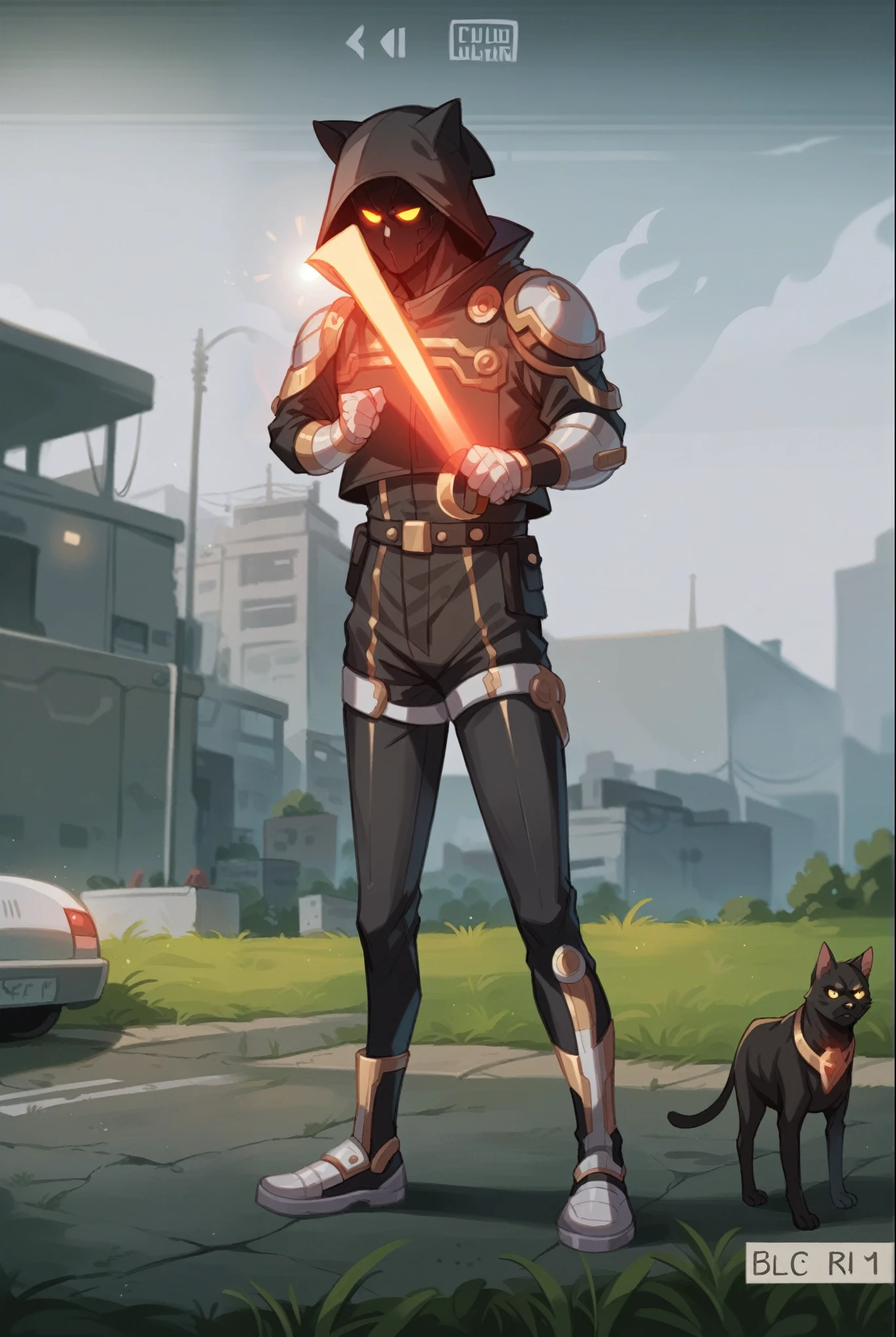 a close up of a person with a dog on a leash, gilded black uniform, chrome outfit, glowing lens flare wraith girl, wearing golden cat armor, 8k)), full body picture, badass pose, very very low quality picture, gilded outfit, full body shot hyperdetailed, before the final culling, in pubg, clear outfit design, cyberpunk flame suit