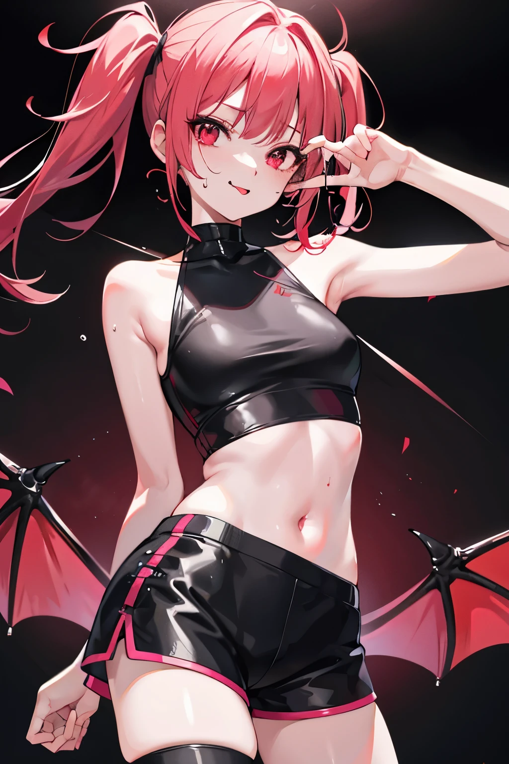 underdressing，Love，Playful，Sticking out tongue，Red Eyes，Sweat，Soaked，liquid，transparent，Back，Cropped tops，Leather Shorts，succubus，pink