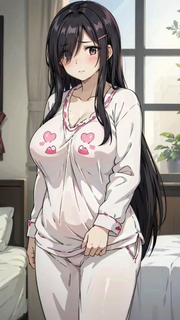 1girl,perfect ,black hair, long hair, (hair over one eye:1.4), messy hair, hair between eyes, hairclip,plump, chubby,fat, saggy breast, cute motif pajama, cute shy blush on , bedroom