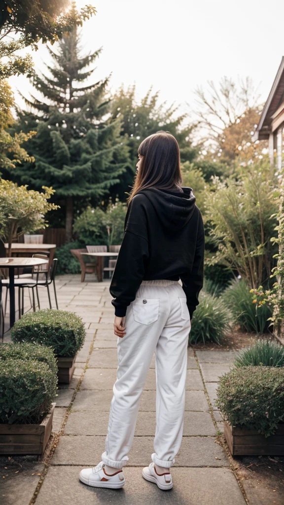 Pictures of a cute girl’s hand holding a cup of coffee in a garden. The girl is wearing wide pants, white sneakers, and a long black hoodie. Filmed towards the back camera, not the front. Simple and quick random daily photography during the day.