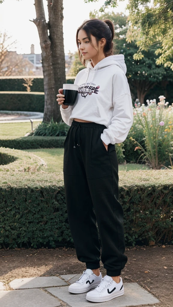 Pictures of a cute girl’s hand holding a cup of coffee in a garden. The girl is wearing wide pants, white sneakers, and a long black hoodie. Filmed towards the back camera, not the front. Simple and quick random daily photography during the day.