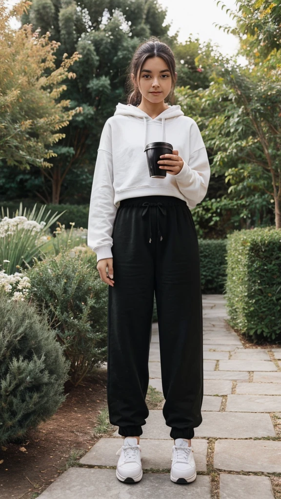 Pictures of a cute girl’s hand holding a cup of coffee in a garden. The girl is wearing wide pants, white sneakers, and a long black hoodie. Filmed towards the back camera, not the front. Simple and quick random daily photography during the day.
