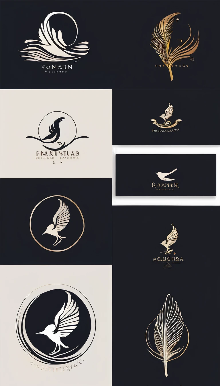 Create a cinematic, abstract symbol for a film production company based on stories and music. The logo should represent the companionship between a boy musician, A Storyteller Fantasy Bird and a Dreamy Feather. Minimalist symbol design
