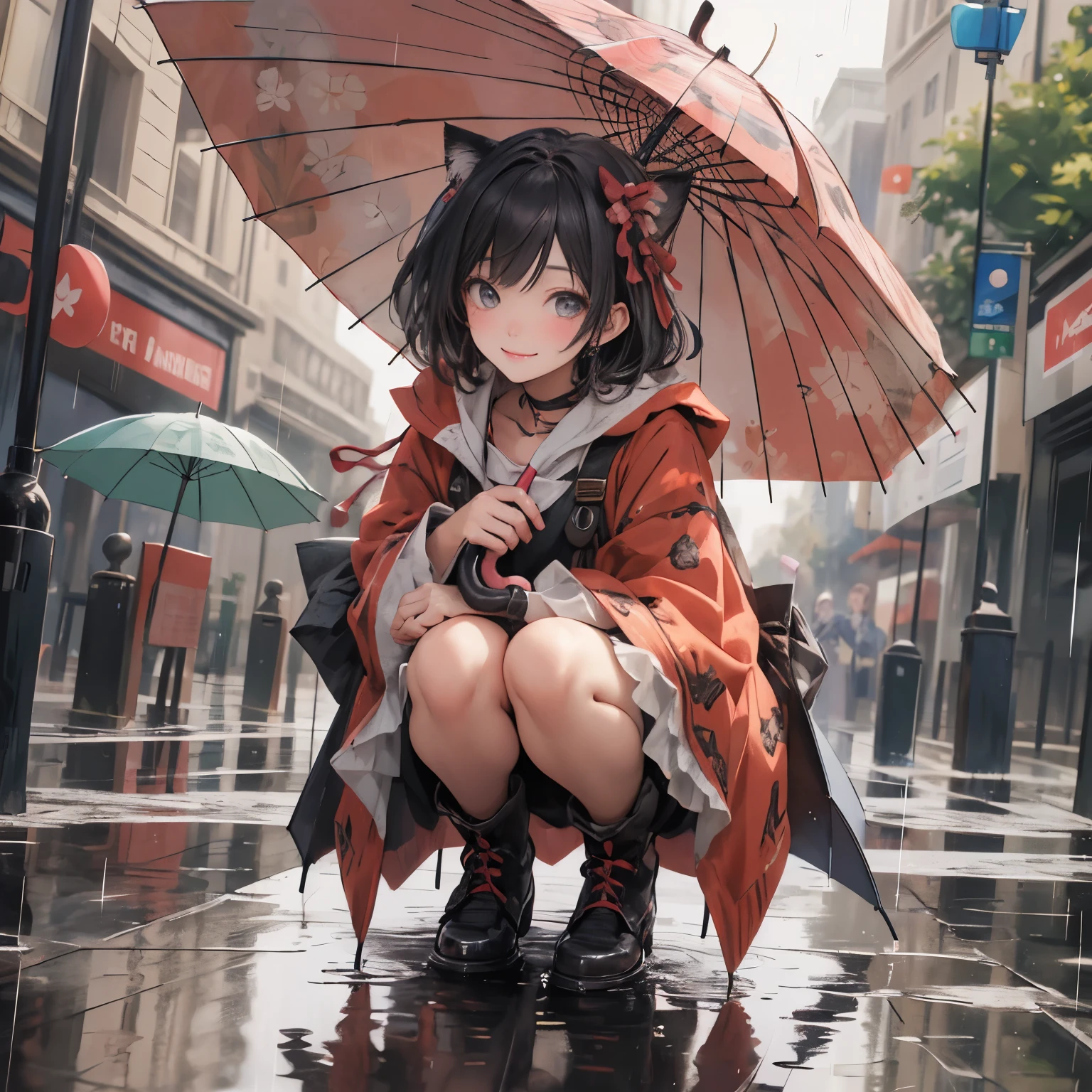 (masterpiece), Highest quality, Ultra-high resolution,Cat with ribbon、smile、(Close the umbrella:1.3)、Walking in a puddle